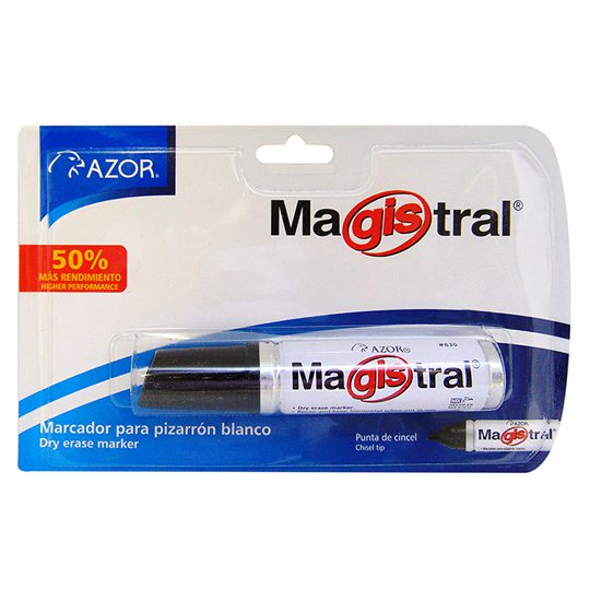 Marcador de aluminio Magistral punta cin Tinta base cetona de alta intensidad, punta cincel de 6 mm, barril aluminio, excelente calidad de borrado en superficies no porosas como: porcelana, melamina, vidrio, no toxico, rendimiento de 550 m.                                                         cel 6 mm color negro blíster             - AZOR