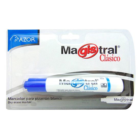 Marcador Magistral Clásico punta cincel  Tinta base cetona de alta intensidad, punta cincel 6 mm, barril plástico, tapa anti asfixia, excelente calidad de borrado en superficies no porosas como: porcelana, melamina, vidrio, no toxico, rendimiento de 350 m.                                         6 mm color azul blíster                  - AZOR