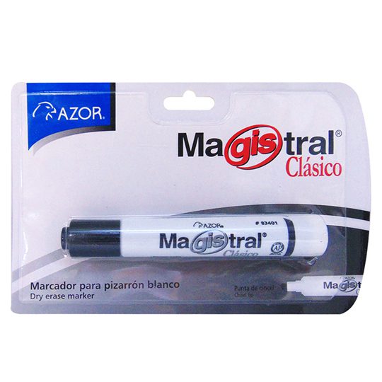 Marcador Magistral Clásico punta cincel  Tinta base cetona de alta intensidad, punta cincel 6 mm, barril plástico, tapa anti asfixia, excelente calidad de borrado en superficies no porosas como: porcelana, melamina, vidrio, no toxico, rendimiento de 350 m.                                         6 mm color negro blíster                 - 301.831NE