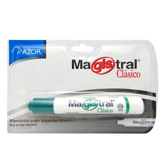 Marcador Magistral Clásico punta cincel  Tinta base cetona de alta intensidad, punta cincel 6 mm, barril plástico, tapa anti asfixia, excelente calidad de borrado en superficies no porosas como: porcelana, melamina, vidrio, no toxico, rendimiento de 350 m.                                         6 mm color verde blíster                 - AZOR