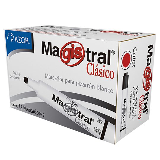 Marcador Magistral Clásico punta cincel  Tinta base cetona de alta intensidad, punta cincel 6 mm, barril plástico, tapa anti asfixia, excelente calidad de borrado en superficies no porosas como: porcelana, melamina, vidrio, no toxico, rendimiento de 350 m.                                         6 mm color rojo caja con 12 pzas         - 301.83402