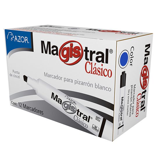 Marcador Magistral Clásico punta cincel  Tinta base cetona de alta intensidad, punta cincel 6 mm, barril plástico, tapa anti asfixia, excelente calidad de borrado en superficies no porosas como: porcelana, melamina, vidrio, no toxico, rendimiento de 350 m.                                         6 mm color azul caja con 12 pzas         - AZOR