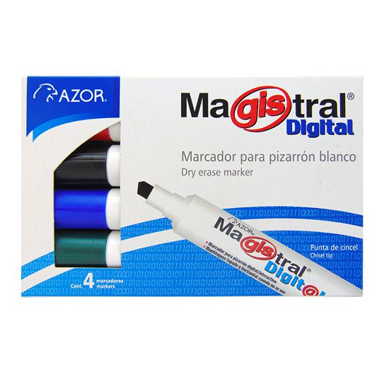 Marcador Magistral Digital punta cincel  Colores surtidos: negro, rojo, azul y verde, tinta base cetona de alta intensidad, punta cincel de 6 mm, barril plástico, tapa anti asfixia, diseñado para pizarrones Digital punta cincel 6 mm colores e interactivos, excelente calidad de borrado en superfi 6 mm colores surtidos empaque con 4 pzas - AZOR