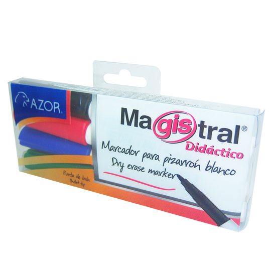 Marcador Magistral Didáctico punta bala  Colores surtidos: negro, rojo, azul y verde, tinta base alcohol de alta intensidad y bajo aroma, punta bala 2 mm, barril plástico con diseño ergonómico triangular, tapa anti asfixia, excelente calidad de borrado en superficies no porosas, no toxico, rendi 2 mm colores surtidos empaque con 4 pzas - AZOR