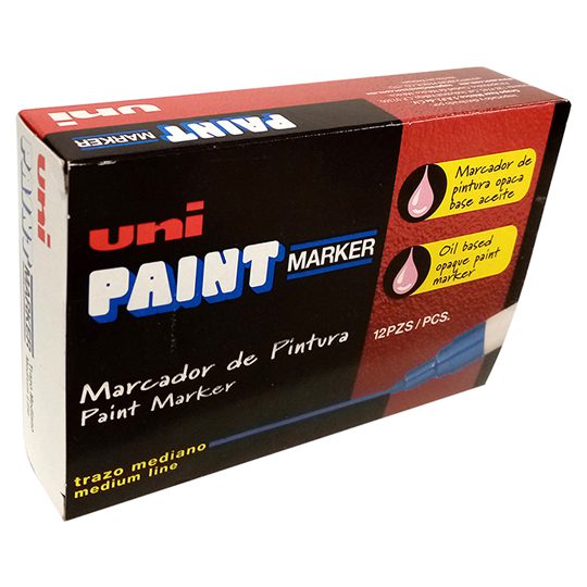 Marcador permanente UniPaint punta bala  Marcador industrial UniPaint, especial para altas temperaturas-250, barril metálico, punta bala, tinta base solvente que resiste todo tipo de clima, pinta en cualquier superficie, seca o húmeda, cerámica, madera, metal, etc.                                color azul caja con 12 pzas              - 305.PX20AZ