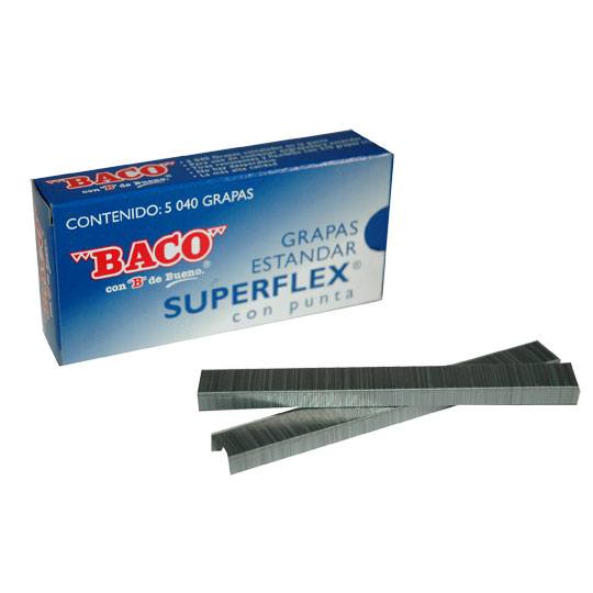 Grapas estándar Baco superflex, 1 caja c Grapa tamaño estándar. tiras flexibles y muy resistentes con acabado en punta que garantiza mejor funcionalidad                                                                                                                                                 on 5040 grapas                           - BACO