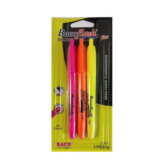 Marcatextos Bacoflash, fino surtido, pun Marcador tinta fluorescente, base agua, no tóxico, barril de plástico, tapa con ojal para colgado, punta cincel fino, tinta brillante, secado rápido                                                                                                            to fino, rosa, naranja y amarillo, 2 pie - PTMRB0010