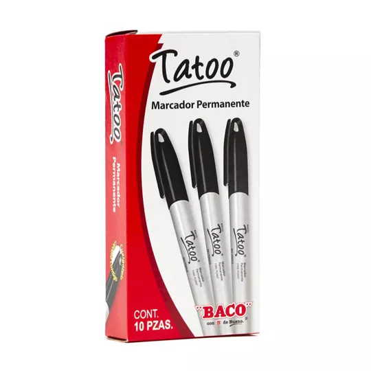 Marcador permanente Baco, negro,  punto  Marcador punto fino, tinta permanente. barril de plástico, tapa con ojal para colgado, punta de bala resistente y tinta de secado instantáneo para uso sobre cualquier sustrato                                                                                 fino, 10 piezas                          - BACO