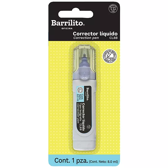 Corrector líquido Barrilito tipo bolígra Corrige de forma precisa y fácil, corrector líquido con aplicador ancho para un mejor agarre tipo bolígrafo, punta suave y fina de .02 mm, contenido 8 ml, blíster con 1 pieza                                                                                  fo de 8 ml                               - CL8B