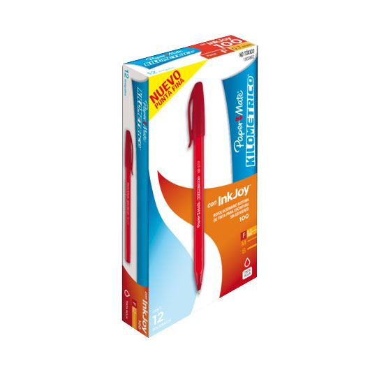 Boligrafo Paper Mate inkjoy 100 ST kilom Sistema de tinta inkjoy color rojo, barril triangular de plastico traslucido que indica el color de la tinta, practico clip en tapa. Punto fino (0.7 mm), se desplaza con gran suavidad                                                                         etrico punto fino rojo caja con  12 piez - 1903862