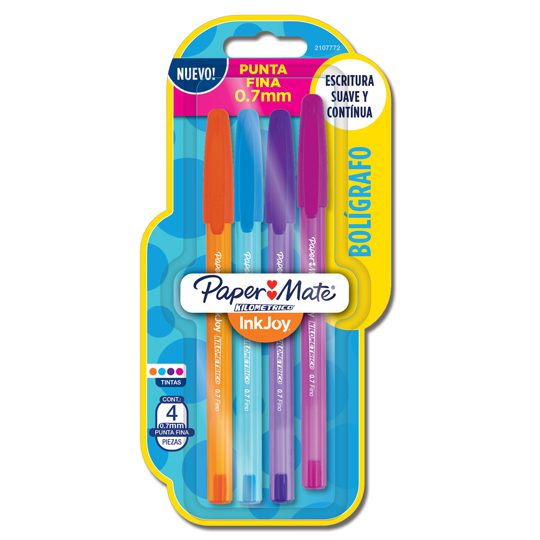 Bolígrafo Paper Mate Inkjoy kilometri    Con 4 bolígrafos en color: naranja, azul. Morado y rosa, de punto fino 0.7 mm y tinta ultra suave                                                                                                                                                               fashion punto fino tarjeta de 4 colores  - 2107772