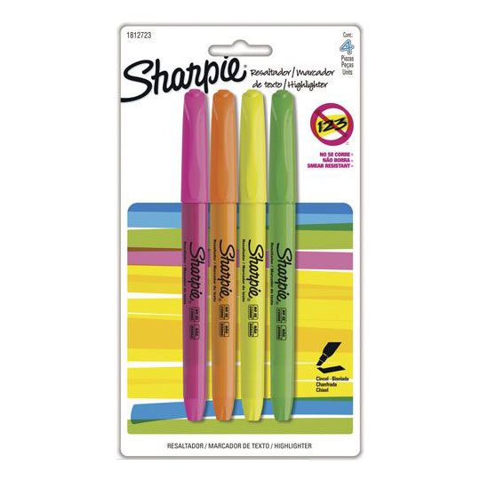 Resaltadores Sharpie accent pocket blist Tinta smearguard, punta cincel, barril del color de la tinta: colores surtidos, secado rapido,tinta base agua, ideal para rotafolios, cartulina, papel, etc.                                                                                                    er con 4 pieza                           - SHARPIE