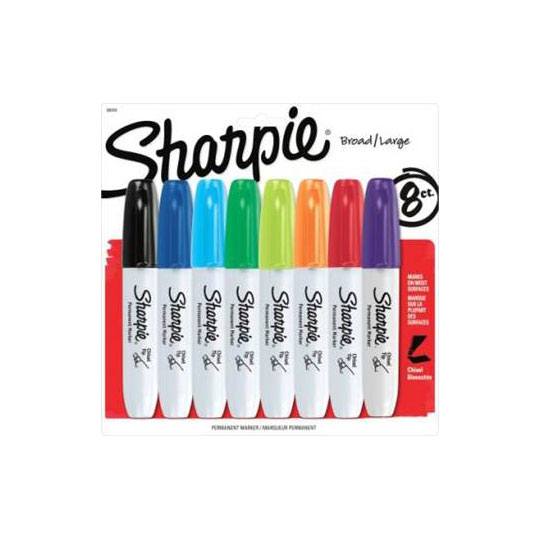 Marcador permanente Sharpie chisel blíst Marcador permanente sharpie chisel tarjeta c/8 colores (negro,azul, rojo, verde, naranja, vde claro, az claro, morado) barril plastico, de forma ergonomica para mayor comfort en la escritura, punta cincel, para diferentes trazos, clip para la camisa       er con 8 colores surtidos                - 1939484