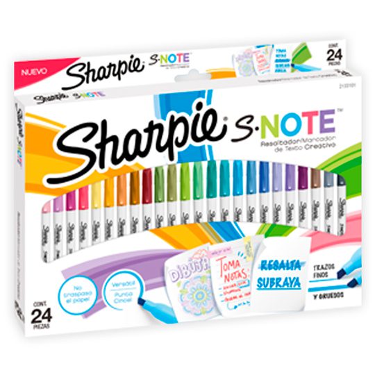 Sharpie snote paqueta con 24 resaltadore Sharpie snote  paquete con 24 piezas , marcador de texto creativo, no traspasa el papel. Punta biselada: ofrece trazo grueso y fino. Resalta y subraya. Para dibujar, tomar notas, etc.                                                                         s colores surtidos                       - 2133101