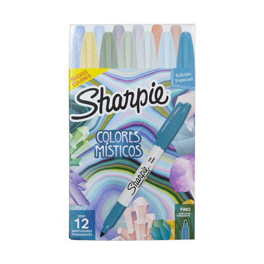 Marcador permanente punto fino Sharpi    Caja que incluye 12 marcadores permanentes, colores misticos, tinta que no decolora de secado rapido y resistente al agua.                                                                                                                                      ystics caja con 12 piezas colores surtid - 2155613