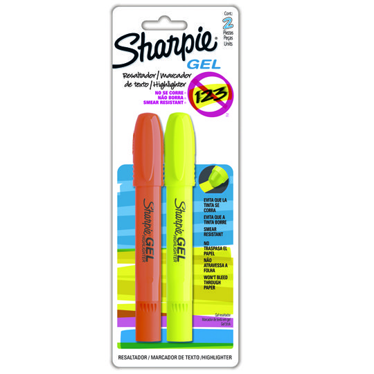 Resaltador Sharpie gel highlighter blíst Incluye un marcador amarillo y uno naranja. Ideal para subrayar o resaltar, no moja ni traspasa el papel y no se seca si está destapado. Se gira para alimentar la punta, cuerpo de plastico con clip en la tapa.                                               er con 2 colores: amarillo y naranja     - SHARPIE