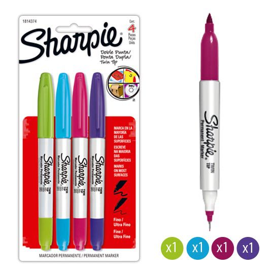 Sharpie doble punta tarjeta con 4 piezas Marcador permanente sharpie doble punta, una punta en ultrafina, con un grosor de trazo 0.5 mm y otra punta punto fino, con un grosor de trazo 0.9 mm 4 colores diferentes                                                                                      .                                        - 1814374