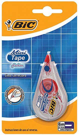 Corrector Bic mini tape fashion blíster  Bic mini tape fashion, corrector con cinta compacta, cuerpo transparente, corrección instantánea, 6 mts de cinta con un ancho de 5 mm, mecanismo de colores                                                                                                     1 pieza                                  - BIC