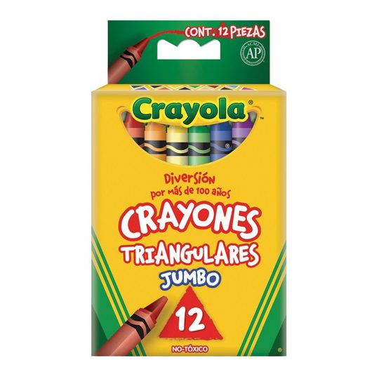 Crayones Crayola triangulares 12 piezas  hechos con cera firme y no tóxica. trazos precisos y cómodos por su tamaño, cera no tóxica, paquete con surtido de colores, cada crayón esta envuelto en material poroso.                                                                                       .                                        - CRAYOLA