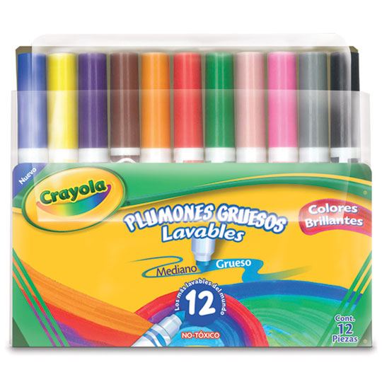 Plumones Crayola brillantes gruesos lava punta mediana y gruesa,lavables fácilmente en piel y ropa, no toxico.                                                                                                                                                                                           bles 12 piezas                           - 580808