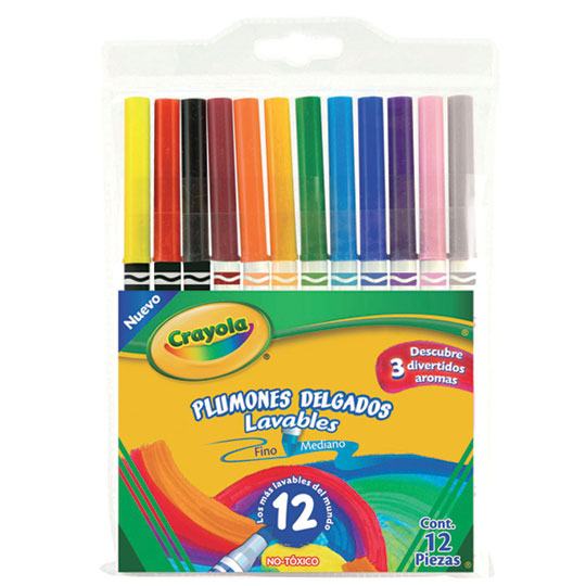 Plumones Crayola delgados lavables punta 12 plumones, punta fina, lavables fácilmente en piel y ropa, no toxico.                                                                                                                                                                                         fina 12 piezas                           - CRAYOLA