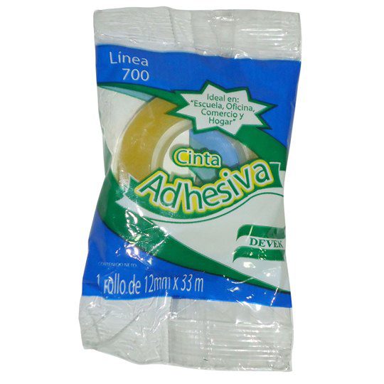 Cinta adhesiva DEVEK 12mm x 33mts. mo    Cinta adhesiva transparente corte fácil para uso escolar, hogar, comercio y oficina.                                                                                                                                                                            700 transparente, tono ambar             - DEVEK