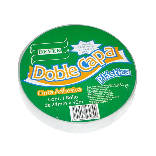 Cinta doble capa DEVEK 24 mm x 50 mts. c Ideal para los profesionales en diseño y actividades promocionales, su gran adherencia la hace ideal para trabajos escolares y de decoración.                                                                                                                   olor blanco, cinta de polipropileno      - DEVEK