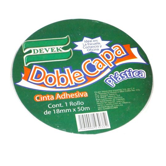 Cinta doble capa DEVEK 18 mm x 50 mts. c Ideal para los profesionales en diseño y actividades promocionales, su gran adherencia la hace ideal para trabajos escolares y de decoración.                                                                                                                   olor blanco, cinta de polipropileno      - DEVEK