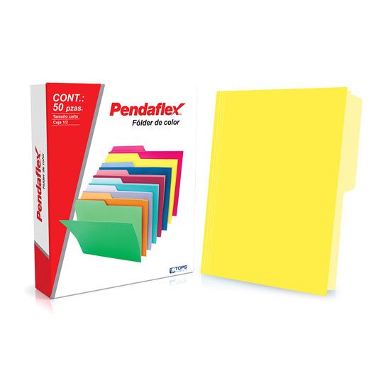 Folder de color Pendaflex carta color am Papel manila color stock de 9.5 pts., doble tonalidad: interior y exterior para evitar la perdida de documentos, pre-suajado superior y lateral para broche de 8 cm, dobleces adicionales para expansión de hasta 2 cm, caja con 50 piezas.                     arillo ceja 1/2 caja con 50 pzas         - C0050 1/2 AM