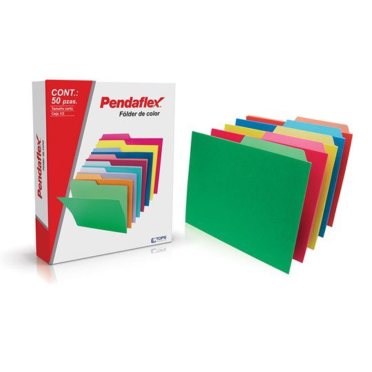 Folder de color Pendaflex carta color su Papel manila color stock de 9.5 pts., doble tonalidad: interior y exterior para evitar la perdida de documentos, pre-suajado superior y lateral para broche de 8 cm, dobleces adicionales para expansión de hasta 2 cm, caja con 50 piezas.                     rtido intenso ceja 1/2 caja con 50 pzas  - PENDAFLEX