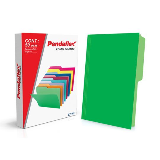 Folder manila Pendlaflex oficio color ve Papel manila color stock de 9.5 pts., doble tonalidad: interior y exterior para evitar la perdida de documentos, pre-suajado superior y lateral para broche de 8 cm, dobleces adicionales para expansión de hasta 2 cm, caja con 50 piezas.                     rde ceja 1/2 caja con 50 pzas            - PENDAFLEX