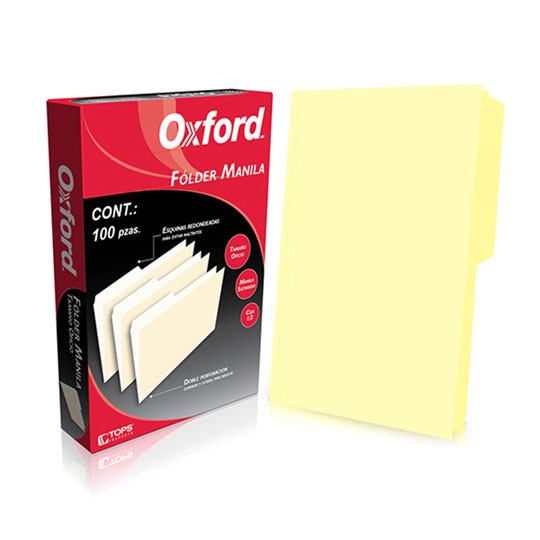 Folder manila Oxford oficio color amaril Papel manila color stock de 9 pts., pre-suajado superior y lateral para broche de 8 cm, dobleces adicionales para expansión de hasta 2 cm, caja con 100 piezas.                                                                                                 lo ceja 1/2 caja con 100 pzas            - PENDAFLEX