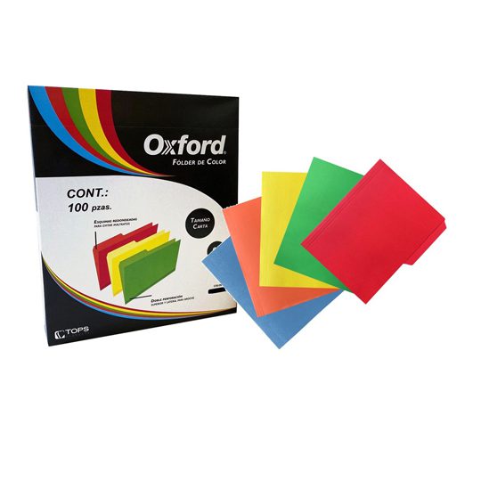 Folder de color Oxford carta colores sur Papel de color de 164 g, pre-suajado superior y lateral para broche de 8 cm, dobleces adicionales para expansión de hasta 2 cm, colores: amarillo, azul, rojo, verde y naranja, caja con 100 piezas (20 de cada color). - M762 1/2 ASST