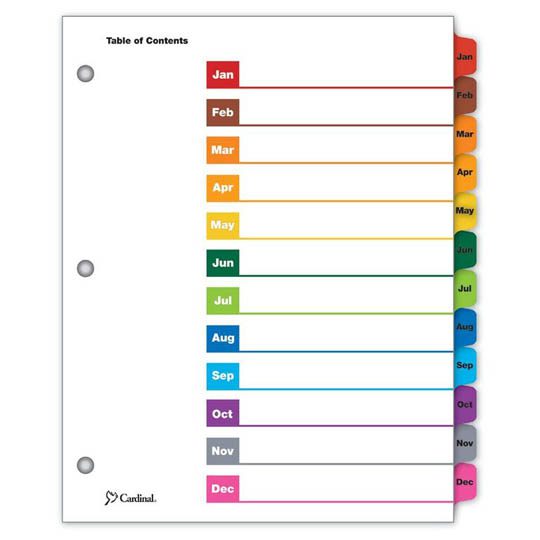 Separador mensual con índice Cardinal ca Tabla de contenido personalizable, cejas de colores, se puede usar vertical u horizontalmente, las plantillas para la tabla de contenido son fáciles de usar y están disponibles en línea (detalles en el empaque), cejas y orilla de encuadernado reforzadas p rta ene-dic divisiones impresas          - E60318