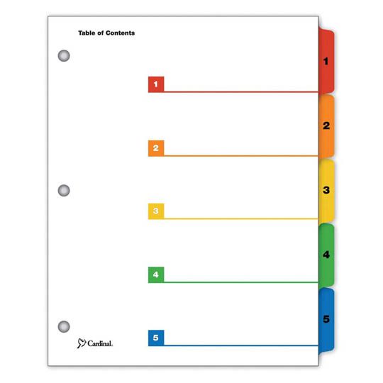 Separador numérico con índice Cardinal c Tabla de contenido personalizable, cejas de colores, se puede usar vertical u horizontalmente, las plantillas para la tabla de contenido son fáciles de usar y están disponibles en línea (detalles en el empaque), cejas y orilla de encuadernado reforzadas p arta 1-5 divisiones impresas             - CARDINAL