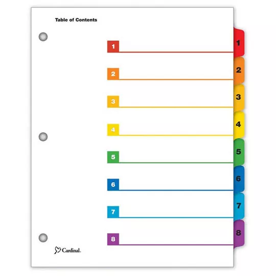 Separador numérico con índice Cardinal c Tabla de contenido personalizable, cejas de colores, se puede usar vertical u horizontalmente, las plantillas para la tabla de contenido son fáciles de usar y están disponibles en línea (detalles en el empaque), cejas y orilla de encuadernado reforzadas p arta 1-8 divisiones impresas             - E60818