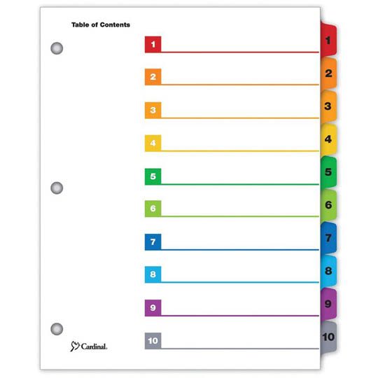 Separador numérico con índice Cardinal c Tabla de contenido personalizable, cejas de colores, se puede usar vertical u horizontalmente, las plantillas para la tabla de contenido son fáciles de usar y están disponibles en línea (detalles en el empaque), cejas y orilla de encuadernado reforzadas p arta 1-10 divisiones impresas            - CARDINAL