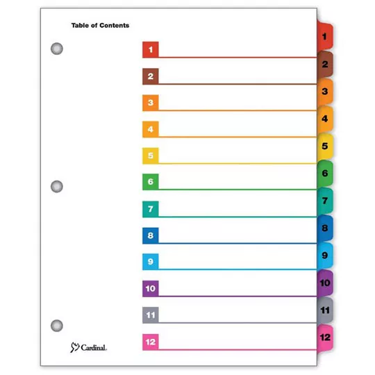 Separador numérico con índice Cardinal c Tabla de contenido personalizable, cejas de colores, se puede usar vertical u horizontalmente, las plantillas para la tabla de contenido son fáciles de usar y están disponibles en línea (detalles en el empaque), cejas y orilla de encuadernado reforzadas p arta 1-12 divisiones impresas            - CARDINAL