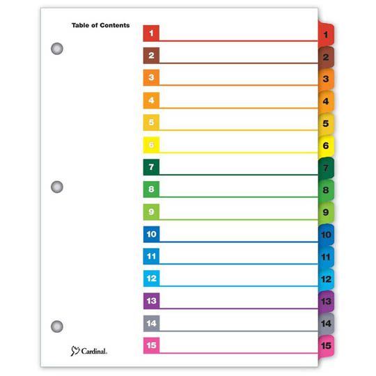 Separador numérico con índice Cardinal c Tabla de contenido personalizable, cejas de colores, se puede usar vertical u horizontalmente, las plantillas para la tabla de contenido son fáciles de usar y están disponibles en línea (detalles en el empaque), cejas y orilla de encuadernado reforzadas p arta 1-15 divisiones impresas            - CARDINAL