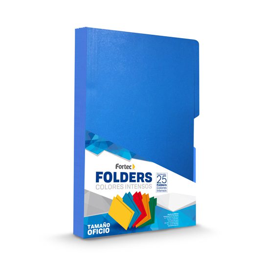 Folder intenso Fortec oficio color azul  Folder tradicional con 1/2 ceja, cartulina bristol de 165 gr, color intenso, suaje para broche de 8 cm, guías para mayor capacidad, medida: 23.8 x 34.5 cm.                                                                                                     rey ceja 1/2 caja con 25 pzas            - FF-1464
