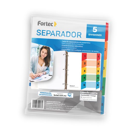 Separador númerico con índice Fortec car Papel de 120 gr, blanco con pestañas de color plastificadas, incluye índice personalizable, 5 perforaciones para carpetas de 2 y 3 arillos, refuerzo plástico en perforaciones laterales, medida: 28 x 23 cm.                                                   ta cejas de colores con 5 divisiones     - F-IN-6200