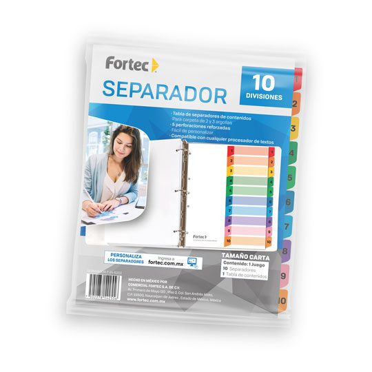 Separador númerico con índice Fortec car Papel de 120 gr, blanco con pestañas de color plastificadas, incluye índice personalizable, 5 perforaciones para carpetas de 2 y 3 arillos, refuerzo plástico en perforaciones laterales, medida: 28 x 23 cm.                                                   ta cejas de colores con 10 divisiones    - FORTEC