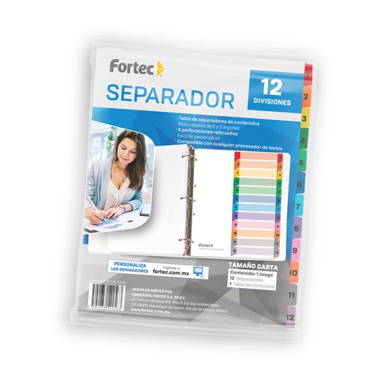 Separador númerico con índice Fortec car Papel de 120 gr, blanco con pestañas de color plastificadas, incluye índice personalizable, 5 perforaciones para carpetas de 2 y 3 arillos, refuerzo plástico en perforaciones laterales, medida: 28 x 23 cm.                                                   ta cejas de colores con 12 divisiones    - FORTEC