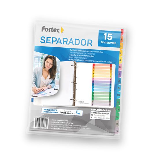 Separador númerico con índice Fortec car Papel de 120 gr, blanco con pestañas de color plastificadas, incluye índice personalizable, 5 perforaciones para carpetas de 2 y 3 arillos, refuerzo plástico en perforaciones laterales, medida: 28 x 23 cm.                                                   ta cejas de colores con 15 divisiones    - FORTEC