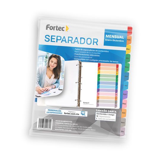 Separador con índice Fortec carta cej    Papel de 120 gr, blanco con pestañas de color plastificadas, incluye índice personalizable, 5 perforaciones para carpetas de 2 y 3 arillos, refuerzo plástico en perforaciones laterales, medida: 28 x 23 cm.                                                   de colores mensual Ene-Dic               - FORTEC