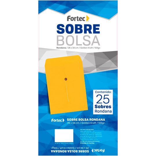 Sobre kraft con rondana Fortec extraofic Sobre tipo bolsa con rondana e hilo, golden kraft de 105 gr, escote en "V" para facilitar la manipulación de documentos, solapa con pleca guía para facilitar el cerrado del sobre, medida: 26 x 34 cm.                                                         io caja con 25 piezas                    - B-26-KR