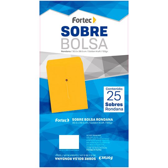 Sobre kraft con rondana Fortec legal caj Sobre tipo bolsa con rondana e hilo, golden kraft de 105 gr, escote en "V" para facilitar la manipulación de documentos, solapa con pleca guía para facilitar el cerrado del sobre, medida: 30.5 x 39.5 cm.                                                     a con 25 piezas                          - FORTEC