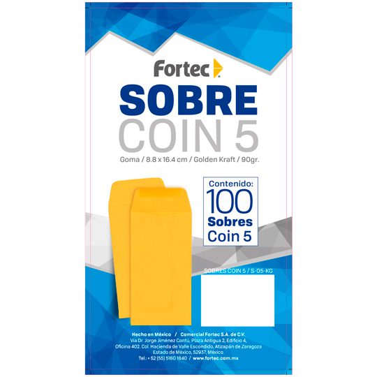 Sobre coin No. 5 Kraft engomado Fortec c Sobre tipo bolsa con solapa engomada, golden kraft de 90 gr, escote en "V" para facilitar la manipulación de documentos, solapa con pleca guía para facilitar el cerrado del sobre, medida: 8.8 x 16.4 cm.                                                      aja con 100 piezas                       - S-05-KG