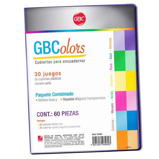 Cubierta tamaño carta olor mixto GBC col Paquete depiezas rayadas translúcidas y lisas x color az,ros,mor,vde,ama y nar, con 56 piezas                                                                                                                                                                   ores surtidos                            - GBC