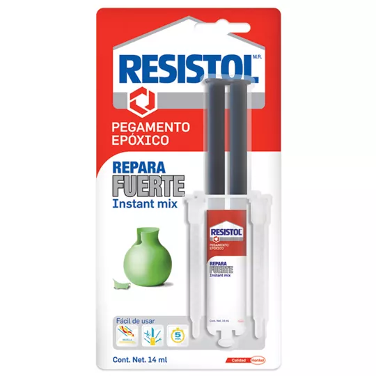 Pegamento epóxico Resistol Repara Fuerte Pegamento epóxico extra fuerte ideal para pegar, reparar o rellenar cualquier tipo de materiales, endurece rápidamente en 60 segundos y tiene un acabado transparente, ideal para aplicaciones en vidrio o acrílico, presentación con jeringa.                   Instant Mix de 14 ml                    - 1524151